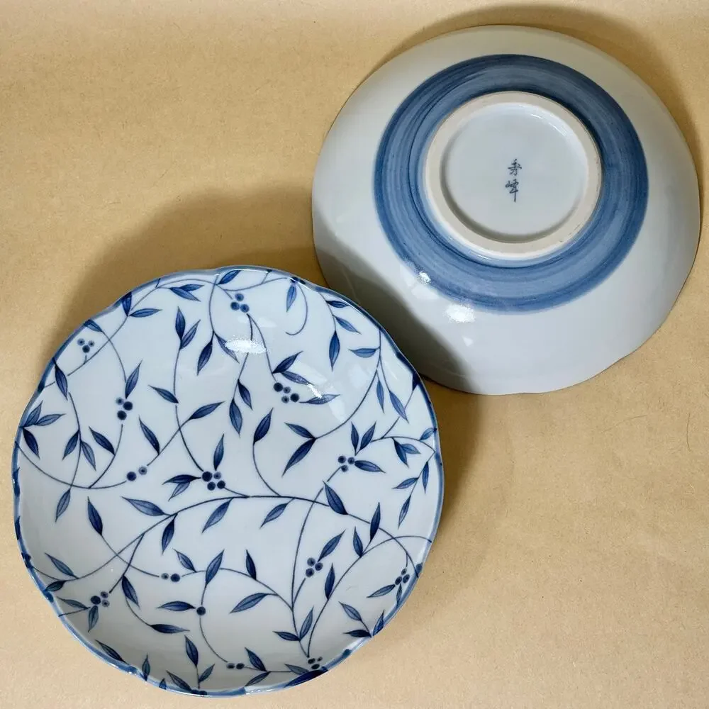 Vintage Japanese Blue and White Porcelain Floral Vine Bowls, Marked (Set of 2)